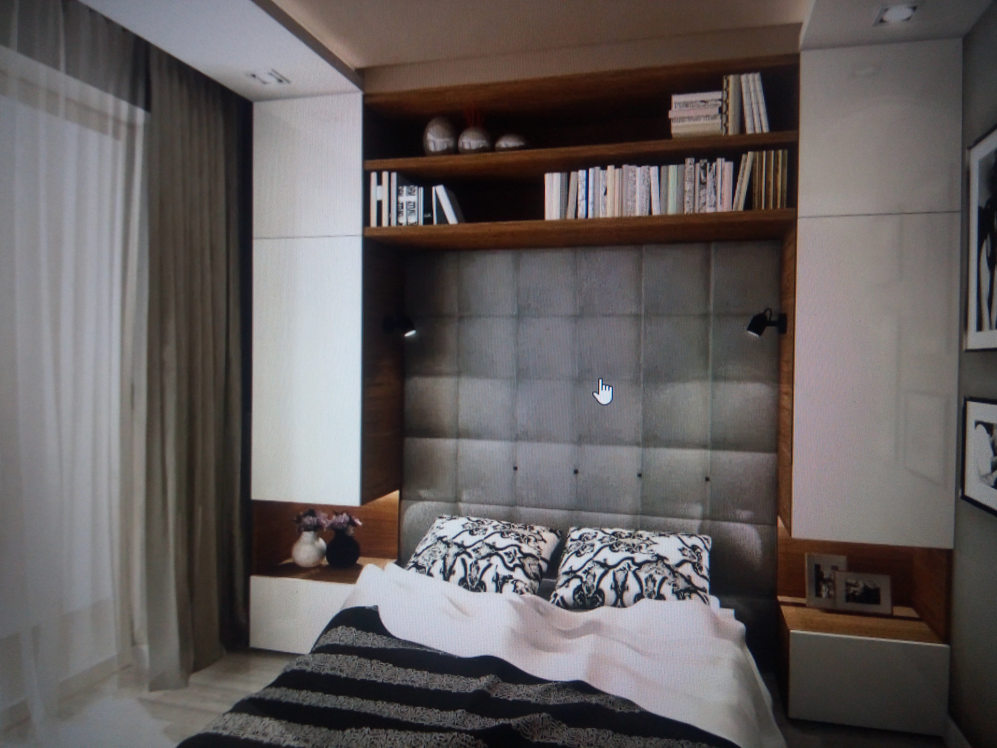 Zabudowa ściany w sypialni z wezgłowiem i półkami